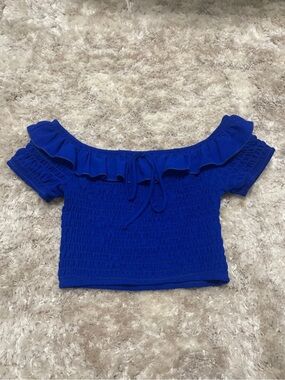 Off-Shoulder Ruffle Crop Top in Royal Blue